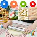 Rolling Pin and Silicone Baking Pastry Mat Set, Stainless Steel Dough Roller, Rolling Pins with Adjustable Thickness Rings, for Baking Fondant, Pizza, Pie, Pastries, Pasta, Cookies