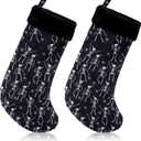 2 Pcs Gothic Christmas Stockings Velvet Hanging Stockings Black White Spooky Hand Embroidery Holiday Decor for Fireplace Goth Dark Alternative Christmas Decoration(Dancing Skeleton)