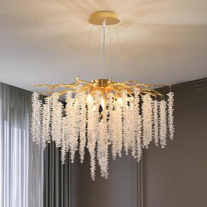Modern Crystal Tree Branch Chandelier, D23.7'' Gold Round Raindrop Indoor Hanging Pendant Light Fixture for Dining Room Living Room Bedroom 8 Lights