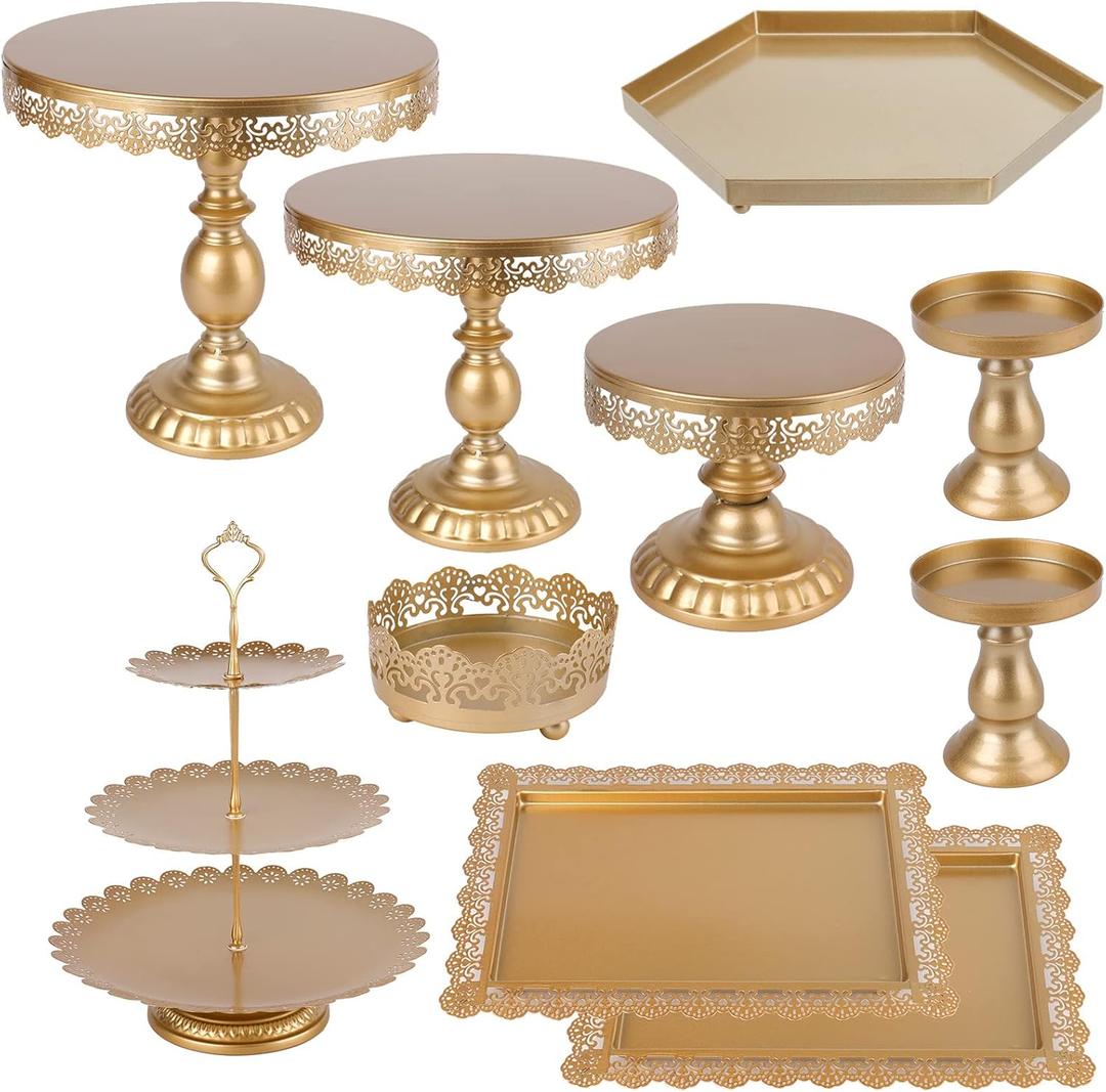 ZOOFOX 10 Pieces Cake Stands, Metal Cupcake Stand with Multiple Combination Styles, Dessert Plate Cake Serving Tray Fruit Candy Display Tower for Wedding, Birthday, Baby Shower, Tea Party (Gold)