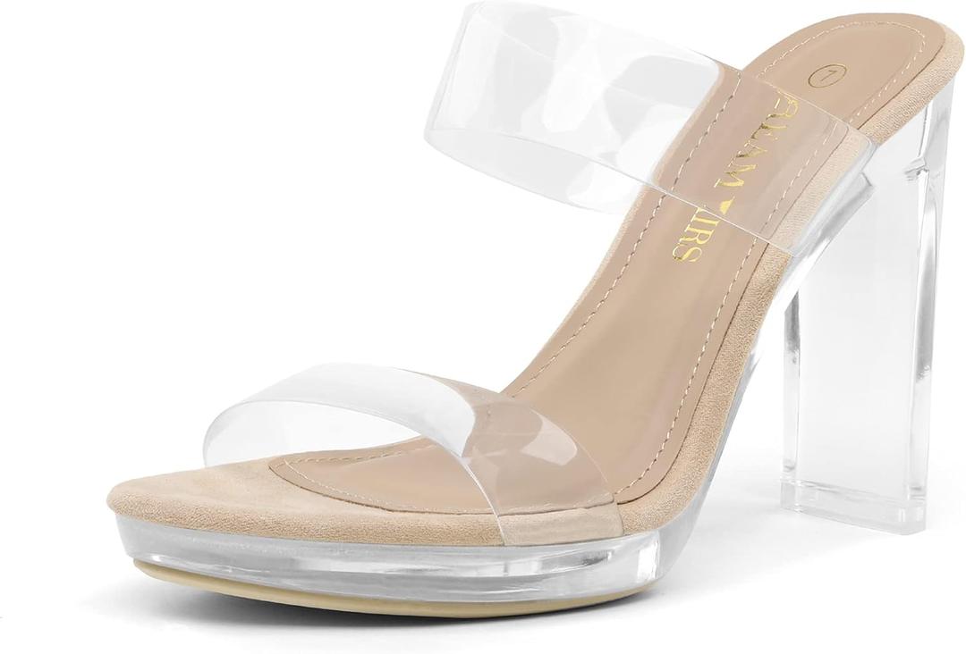DREAM PAIRS Women's Clear Two Strap Open Toe High Block Chunky Slip on Dress Heel Sandals (6.5)