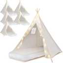 6 Pack Teepee Tent for Kids [Thickened] with Light String and Inflatable Airbed, Slumber Party Tents, Sleepover Tents Party for Girls Boys Indoor Outdoor (White)