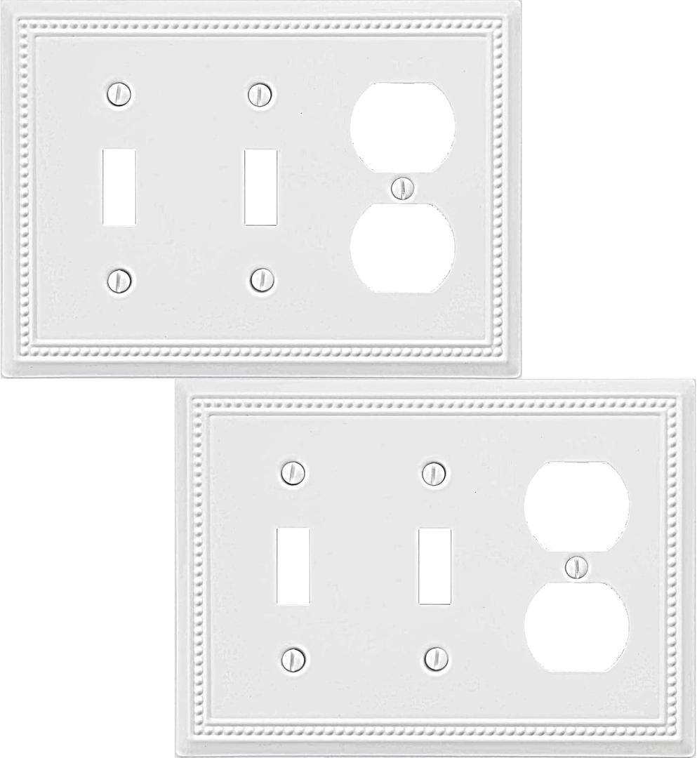 Double Toggle/Single Duplex Light Switch Cover Belaire Beaded Metal Wall Plate, 2-Pack White 3 Gang, Light Switch Cover Outlet Cover Decorative Wallplate, Durable