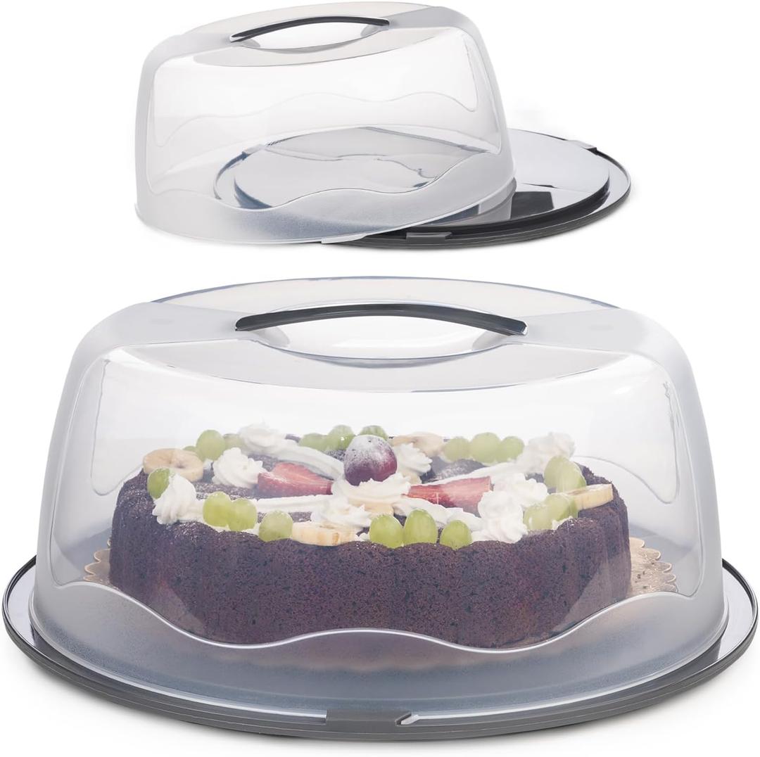 13 Inch Cake Carrier with Locking Lid and Handle, Stylish Big Round Container for Kitchen Storage, BPA Free Stand, Plastic Holder for Transporting, Donuts, Cupcakes, Pies (Gray, Set of 1)