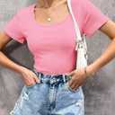 Womens T Shirt Short Sleeve Tshirt Ribbed Basic Tops Tee (Pink)