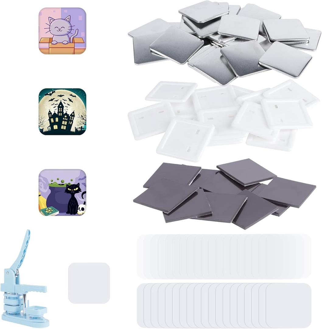 100 Sets Square Button Parts Fridge Magnet Button Maker Supplies for Square-Shaped Badge Maker Machine 50mmIncluding Metal Cover, Plastic Back Cover, Clear Film,