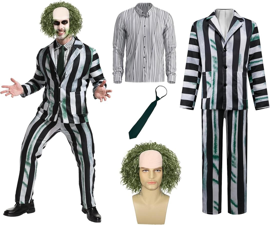 5 Pcs Black and Green Stripe Suit with Wig Adult Costumes for Men Movie Cosplay Outfits for Halloween (X-Large)