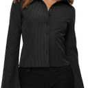 ECHOINE Women Button Down Shirts Long Sleeves Slim Fitted Casual Collared Blouses Work Striped Tops (Black) XL
