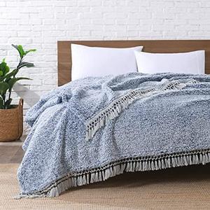 Ultra Soft Fleece Sherpa Blanket Queen Size,Lightweight Cozy Boho Bed Blanket with Decorative Tassel, Pattern Reversible, 2 Tones Ombre Blue, 90x90