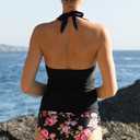Beachsissi Women Sexy Halter Neck Bathing Suit Floral Print Tankini Set (Black, XL)