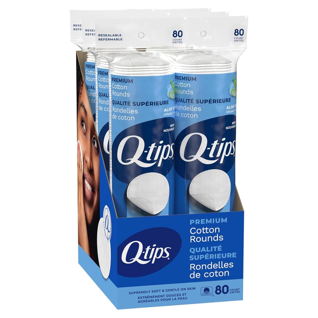 Q-Tips Premium Cotton Rounds for Face, 100% Cotton, Soft Lint Free Makeup Remover Pads, Cleansing Face Pads for Toner, Nail Polish Remover, Skin Care and Beauty Use, 80 Count Per Pack, 6 Pack