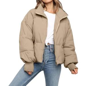Women’s Winter Cropped Puffer Jacket Coat Casual Quilted Baggy Long Sleeve Zip Down Jackets Outerwear (US, Alpha, XX-Large, Regular, Regular, Khaki)