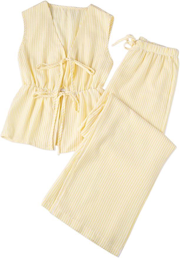 Remidoo Women's Striped 2 Piece Set Tie Front Peplum Tank Tops Wide Leg Pants Sets Medium