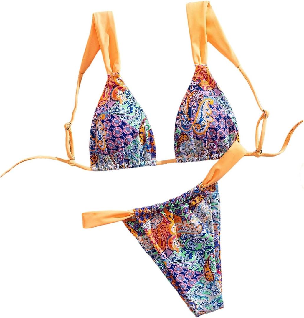 Women's 2 Piece Leopard Floral Bathing Suit Wireless Triangle Swimsuit High Waisted Bikini Sets (Large)