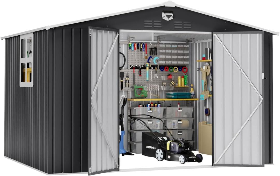 10x8 FT Outdoor Storage Shed, Metal Garden Shed - Tool Storage Sheds with Lockable Doors & 1 Clear Window, Waterproof Outside Storage Building for Backyard, Patio (Black; Floor Not Included)