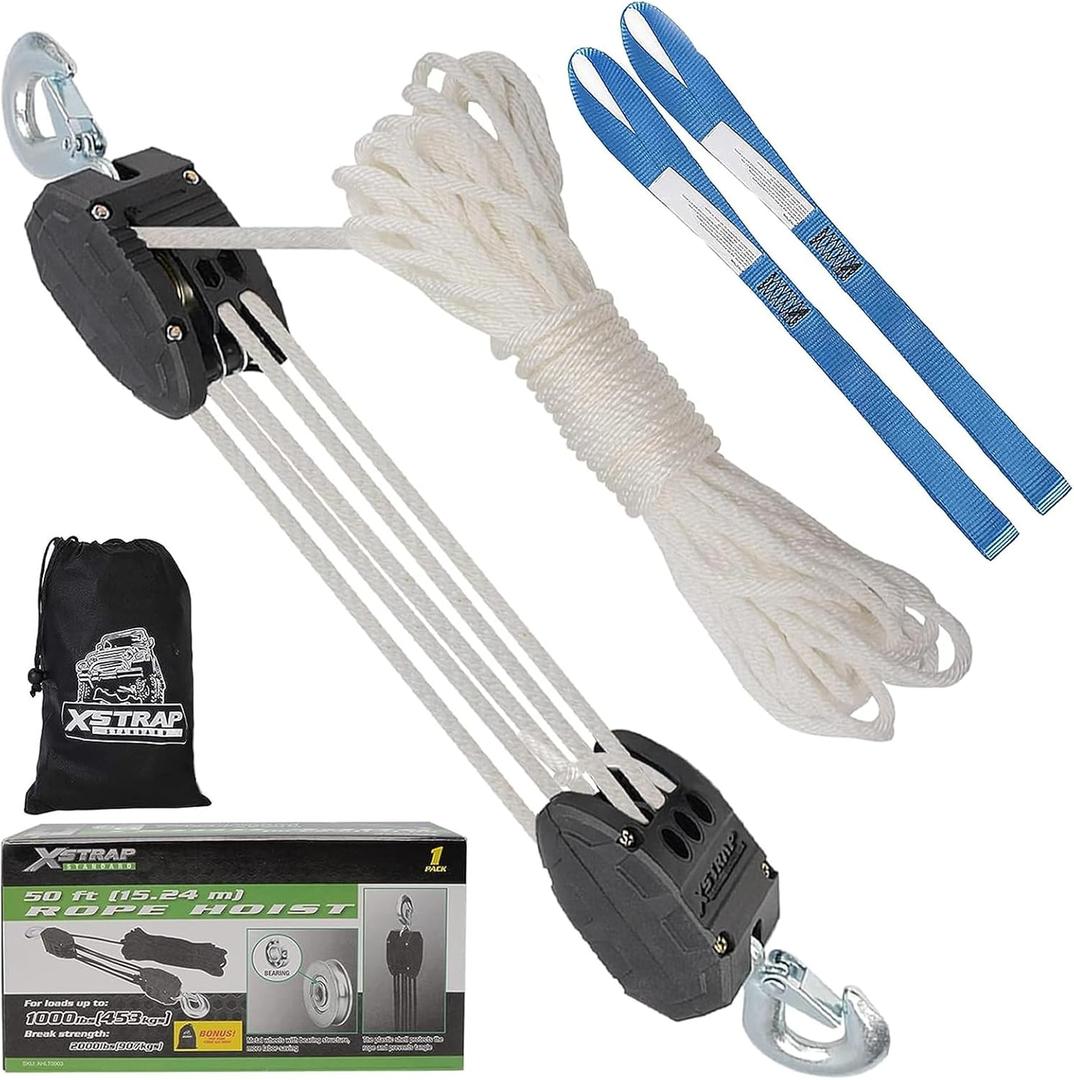 XSTRAP Rope Hoist Pulley System, 2000LBS Breaking Strength Heavy-Duty Block and Tackle with 50FT Rope & 2 Soft Loops, 5:1 Lifting Power Pulley Hoist for Tree Cutting, Attic Lift (Upgraded White)