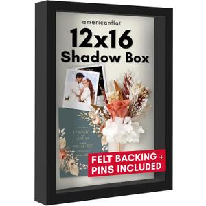 Americanflat 12x16 Shadow Box Frame with Polished Plexiglass - Silhouette Collection - Large Shadow Box Display Case for Tabletop and Wall Display - Black with Soft Felt Back