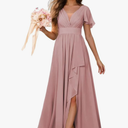 Red Bridesmaid Dresses with Sleeves for Women V Neck Ruched Long Slit Party Gowns , Size 12