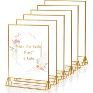 Gold Frames 8X10 Clear Acrylic Sign Holder Gold Picture Frames, Double Sided Menu Holder Display Stand for Weddings Table Numbers (Pack of 6)