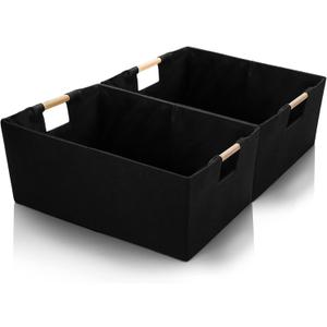 ZOOFOX Set of 2 Black Storage Baskets, Closet Storage Bins with Wooden Handles, Foldable Rectangular Storage Baskets for Shelves, Closets, Home, Office