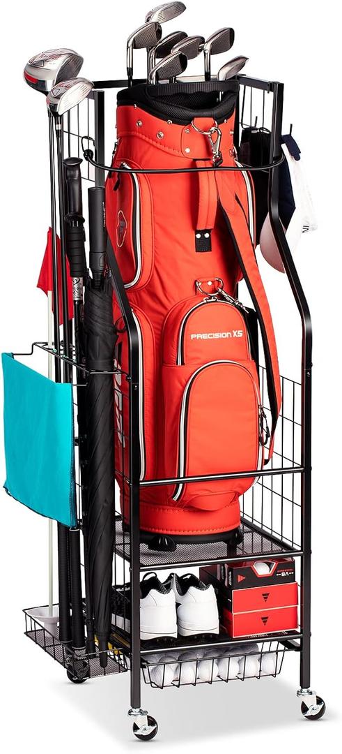Golf Bags Storage Garage Organizer - Golf Bag Stand Fit Single Golf Bags, Golf Clubs, and Golf Equipment Accessories, Golf Bag Storage Rack with Wheels for Garage, Club, Shed, Basement (Black - With Bottom Drawer Basket)