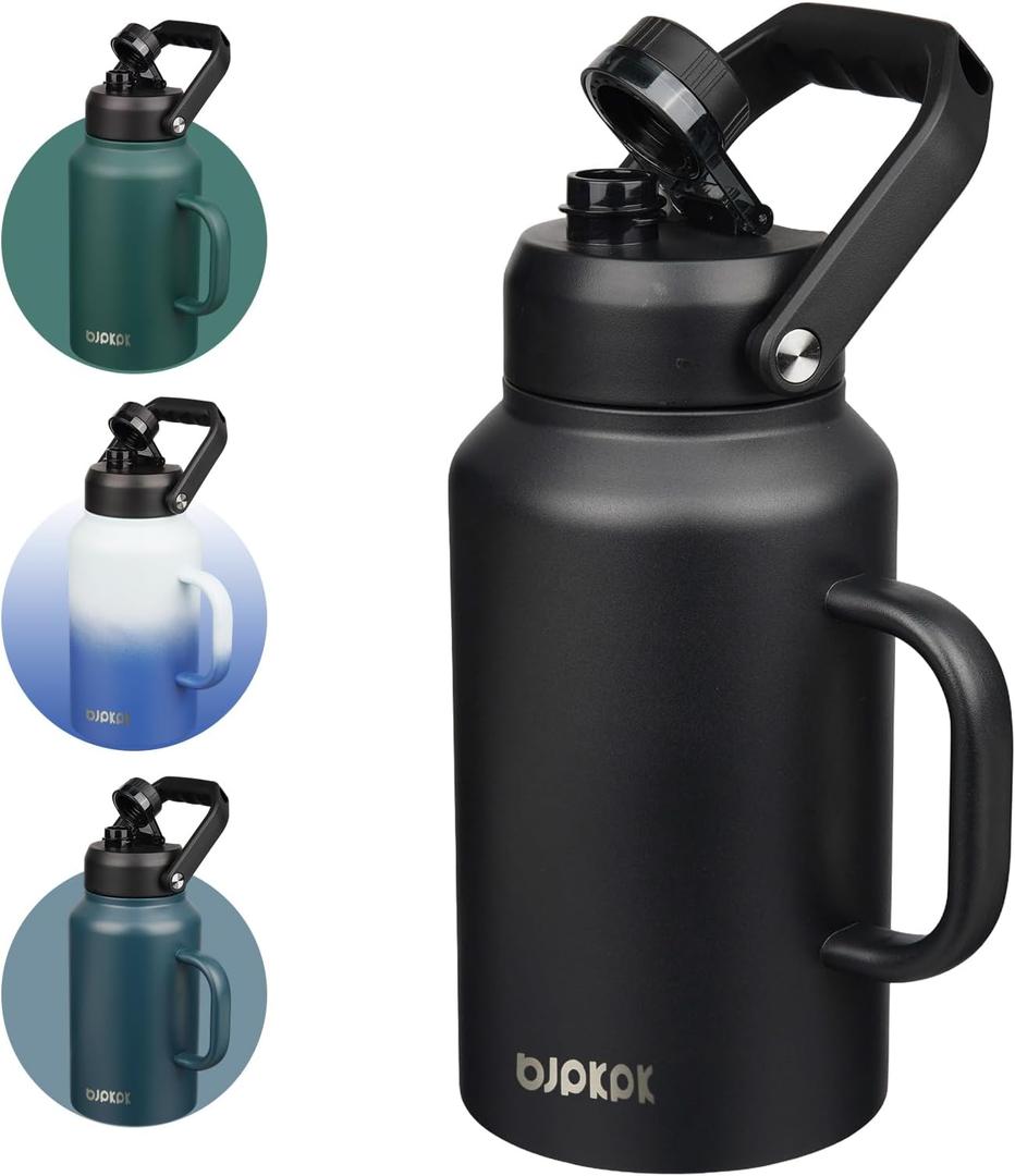 BJPKPK 87oz Insulated Water Bottle with Handle, Large Dishwasher Safe 2/3 Gallon Water Bottle, BPA Free Water Jug, Wide Mouth Metal Flasks with Anti-slip Bottom, Keep Cold & Hot,Black