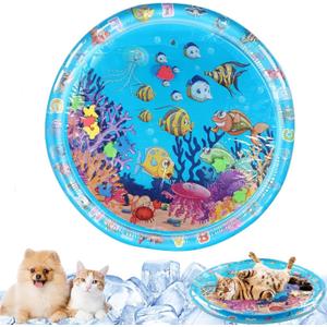 Cat Water Mats, Cat Cooling Pad, Cat Water Bed Play Mat, New Thickened Water Sensory Play Mat for Cats Dog, Ocean-Themed Round Sensory, Non-Slip Playmat, Floating Fish for Kitten Cats(39.4x39.4 in)