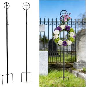 succulentlovers 2PCS Cemetery Wreath Stands, 38" Christmas Metal Wreath Holder Stand with Cross 3 Pronged Decor, Gravestone Wreath Hanger Headstone Flower Holder for Xmas Memorial Day Graveside Decor