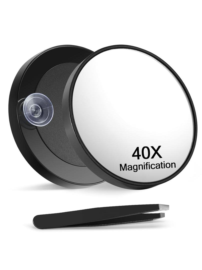 40X Magnifying Mirror with 2 Suction Cups, 3.5 inches Magnified Makeup Mirror and Slant Tweezers, Black, 1PC