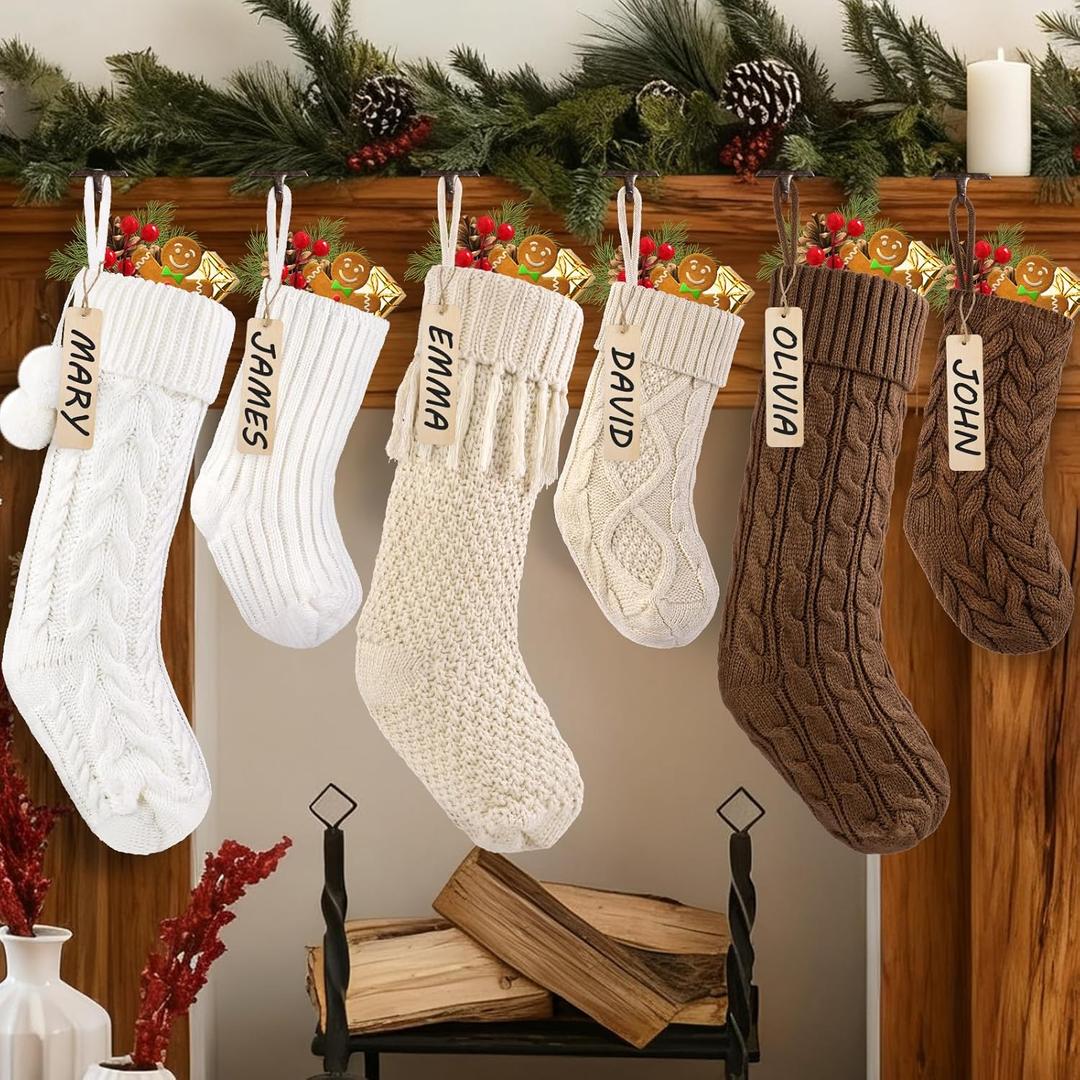 6pcs Knitted Christmas Stockings Decoration, 18Inches 15inch Large Cable Xmas Personalized Hanging Knit Stocking with Name Tags for Family Farmhouse Holiday Party Decor (White Brown Khaki)