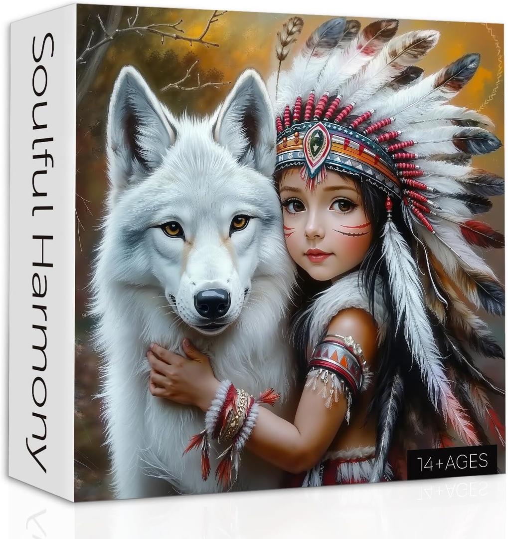 White Wolf Puzzles for Adults 1000 Pieces, Native American Woman Jigsaw Puzzles, Vintage Forest Wildlife Animal Puzzle as Home Decor