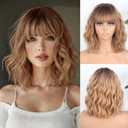 MISSQUEEN Short Blonde Wig with Bangs Synthetic Curly Wavy Ombre Blonde Wigs for Women Bob Wavy Wig Daily Use