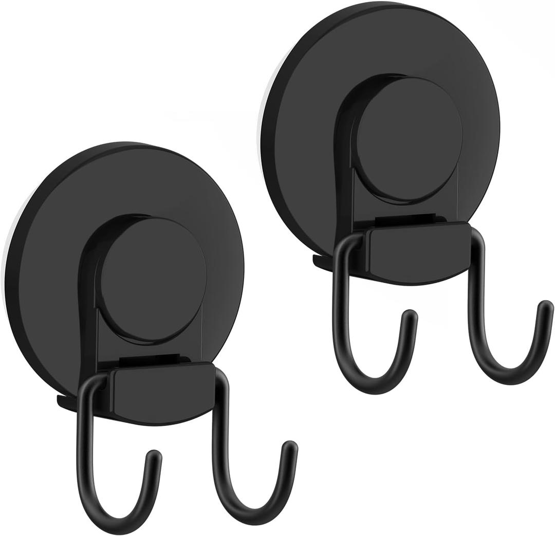 VIS'V Shower Suction Cup Hooks, Heavy Duty, Removable and Reusable, Double Hooks, Black, 2 Pcs