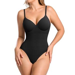 BRABIC Shapewear Bodysuits for Women Tummy Control Shapewear Seamless Deep V-Neck Body Shaper with Built-in Bra(Black, Small)