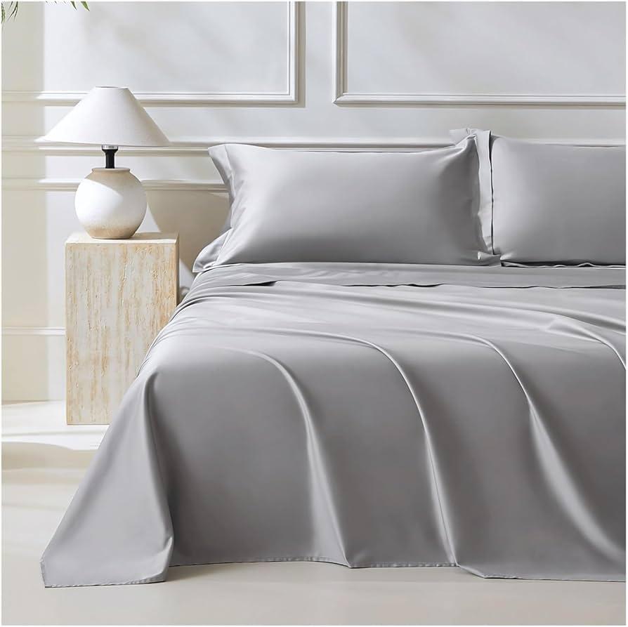 4 Piece Luxury Satin Bed Sheets Set with Pillowcases - Ultra Soft & Silky, Hypoallergenic & Wrinkle-Free, Hotel Quality Comfort Bedding, Size Full, Light Gray