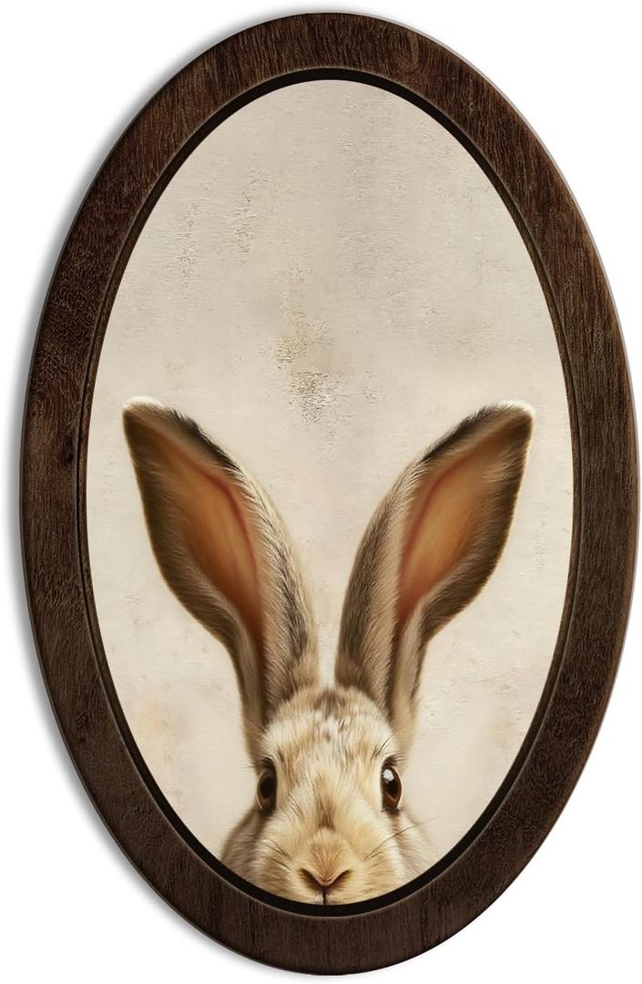 YZSLA Bunny Wall Art Nursery DecorVintage Rustic Farmhouse Neutral Rabbit Animal Oval Wall Art Hanging Decorations for Home Bedroom Kids Nursery Room, 14.56x9.05 Inch
