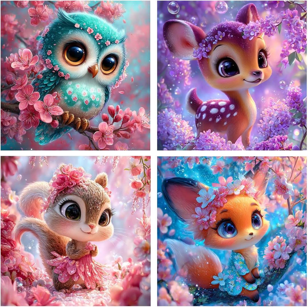 4 Pack Diamond Art Kits for Kids – Cute Animals Owl, Fox, Squirrel & Deer – DIY Diamond Painting Craft Set with Tools & Gems – Sparkle Art Activity for Girls & Boys Ages 6-12