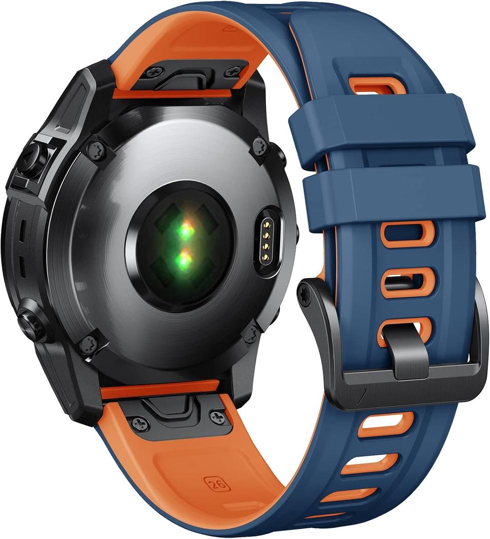 ANCOOL Compatible with Garmin Fenix 7X Band, 26mm Soft Silicone Watch Band Replacement for Fenix 5X/Fenix 6X/Fenix 5X Plus/Fenix 6X Pro/Fenix 3/Fenix 3HR SmartwatchDark Blue/Orange
