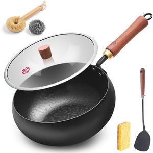 WANGYUANJI Carbon Steel Wok Pan Flat Bottom Iron Stir Fry Pan Induction Cookware 9.5 Inch Uncoated Small Traditional Skillet with Lid