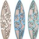 RattanView 3 Pieces Surfboard Decor for Bedroom Wooden Beach Wall Decor Summer Wood Surfboard Wall Hanging Sign for Tropical Living Room Decoration(Hibiscus,Blue)