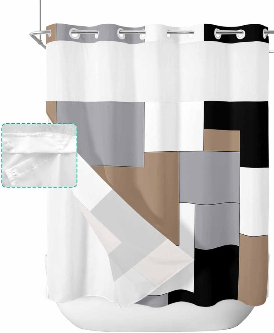 Modern Abstract Art Brown Grey White Color Blocks No Hook Shower Curtain with Snap in Liner Waterproof Fabric Shower Curtain Set for Bathroom Tubs Curtains with See Through Top Window 72"x72"