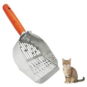 Cat Litter Scoop Metal 304 Stainless Steel, One-Piece Pressed Design with No Weld Spots, Durable Anti-Break Handle, Dual Slot Sizes, with Holder Stand, Easy to Clean, Filters Small Litter Clumps