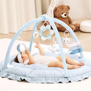 ANGELBLISS 5 in 1 Baby Play Gym Mat, Reversible Tummy Time Mat with 5 Sensory Toys for Stage-Based Developmental, Thick & Large Baby Activity Center from Newborn to Toddler (Light Blue)