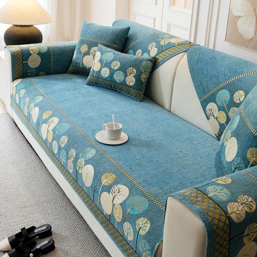 Boho Couch Cover, Non Slip Washable Sofa Covers, Chenille Couch Covers Quilted, Bohemian Sofa Slipcovers, Furniture Protector for L Shaped(Green,36"x70"/3-Seater)