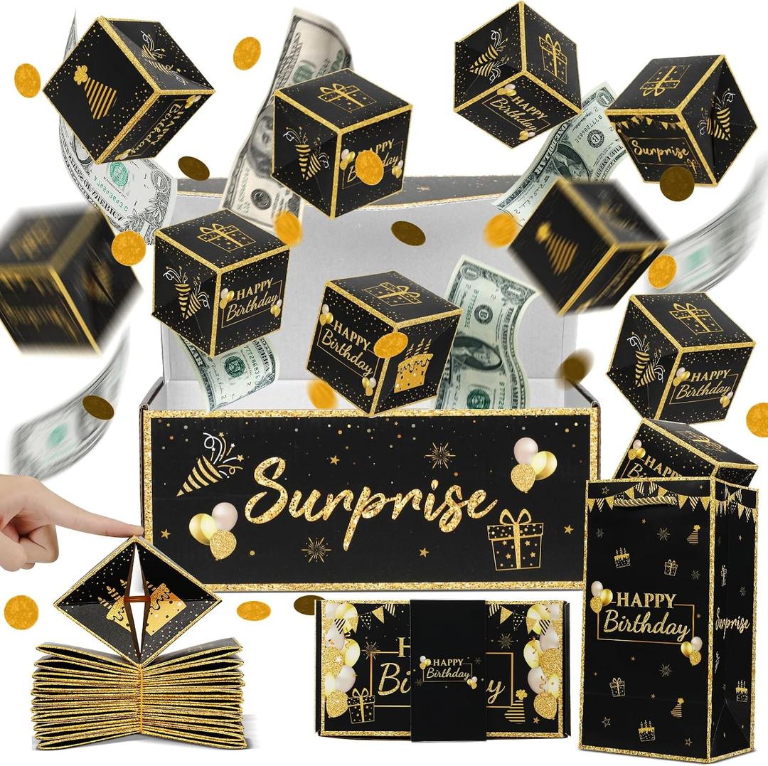 Jacyan Birthday Surprise Gift Box Explosion for Money, Exploding Money Gift Box for Cash Pop up Birthday Money Explosion Box Surprise Party Gift 12 Folding Bounce Boxes for Men Women Kids, Black Gold