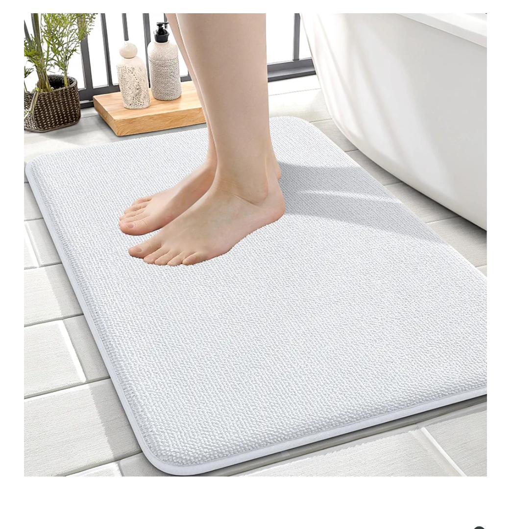 OLANLY Thick Memory Foam Bath Mat Rug 24x16, Extra Soft Absorbent Bathroom Rug, Quick Dry Bath Mats, Non-Slip, Machine Washable Carpet for Bathroom, Tub and Shower, Home Decor Accessories, White