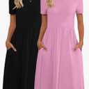 Riyiper 2 Pack Women Short Sleeve Dresses, Loose Fit Casual T Shirt Dress, Ladies Knee Length Swing Dress with Pockets Pink and Gray L