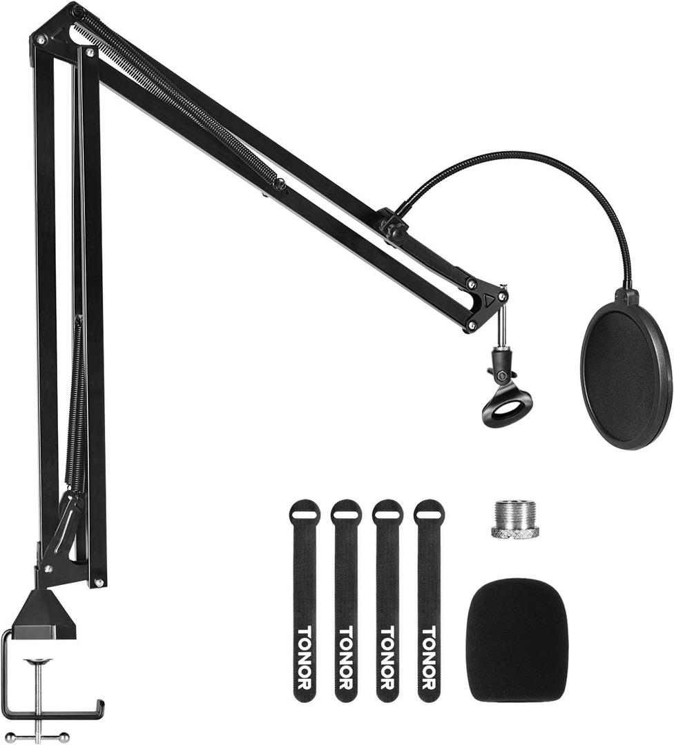 TONOR Microphone Stand Extension Arm, Studio Suspension Scissor Boom Arm with Pop Filter, 3/8" to 5/8" Adapter, Excellent Compatibility, Mic Clip, Upgraded Heavy Duty Clamp, T30