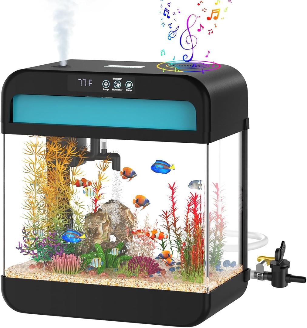 Fish Tank 2.2 Gallon Fish Aquarium with Music Humidifier 7 Color Auto-Looping Light Adjustable Water Pump with Filtration & Aeration & Circulation, Temperature Display, Bottom Water Changer (Smart Black)