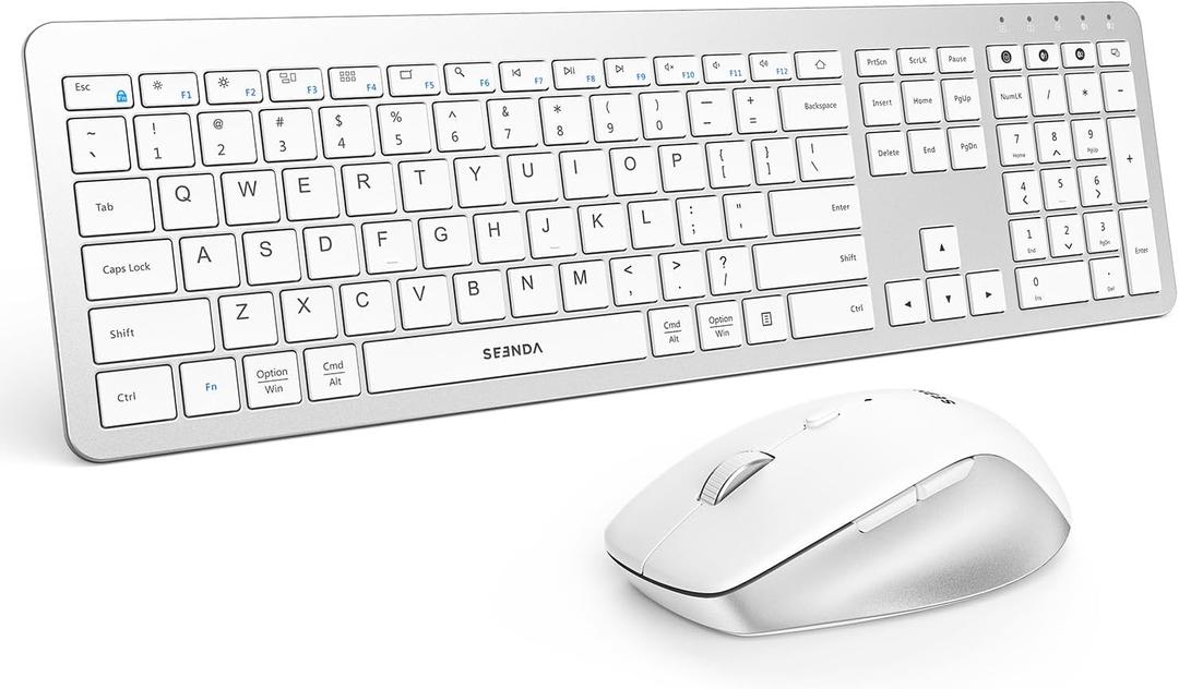 seenda Bluetooth Keyboard and Mouse, COE300 Wireless Keyboard Mouse Combo, 3 MultiDevice Connection Full Size UltraSlim Keyboard with Number Pad for Windows/Mac,White & Silver